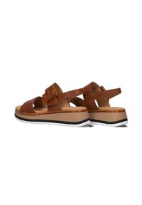 Bruine leren sandalen met dubbele banden, gespsluiting en een plateauzool met een beige basis en zwart-witte accenten.