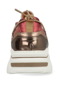 Metallic red and bronze sneaker, featuring a padded tongue, white rubber sole, and decorative elastic lacing with a gold accent.
