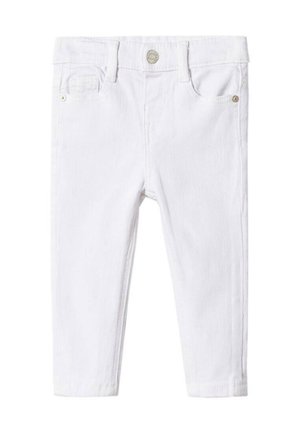 Białe spodnie dżinsowe o wąskim kroju, z pojedynczym zapięciem na guzik, dwoma przednimi kieszeniami oraz subtelnymi detalami przeszyć.