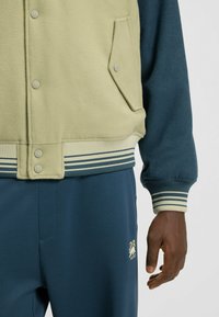 Chaqueta bomber bicolor verde claro y azul marino con botones a presión, puños acanalados y dobladillo a rayas; textura suave; bolsillo detallado para utilidad.