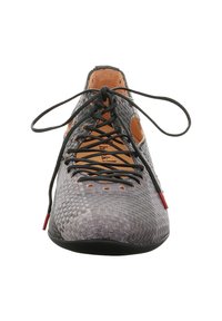 Dark gray, textured lace-up shoe with a woven pattern, tan leather interior, and black laces. Features a red accent near the heel.