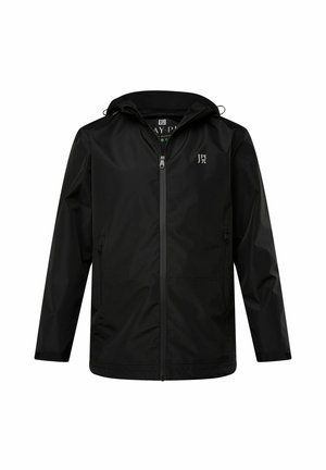 Chaqueta ligera negra con cremallera frontal, capucha ajustable y dos bolsillos laterales. Presenta una textura suave y un logotipo minimalista en el pecho.