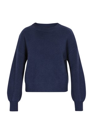 Maglione lavorato a maglia blu navy con maniche lunghe a sbuffo, scollatura a girocollo e vita a costine; superficie liscia con una vestibilità leggermente ampia.