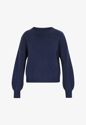 Navy blue knitted sweater with long, puffed sleeves, crew neck, and ribbed waistband; smooth texture with a slightly loose fit.