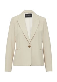 Veste beige en tissu texturé, avec col à revers, fermeture à un bouton et deux poches avant. Idéale pour le superposition.