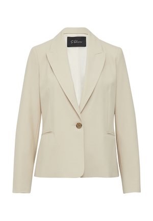 Veste beige en tissu texturé, avec col à revers, fermeture à un bouton et deux poches avant. Idéale pour le superposition.