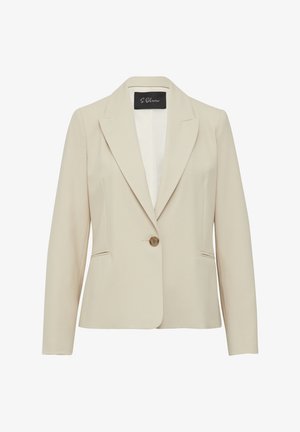 Beige blazer gemaakt van gestructureerde stof, met een reverskraag, enkele knoopsluiting en twee voorkosten. Ideaal voor lagen.