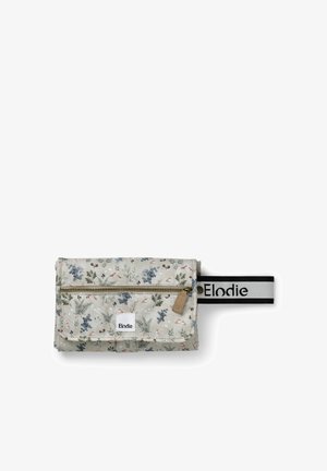 Floral-patterned diaper bag in soft, textured fabric, featuring a top zipper and a logo accent strap for easy carrying.