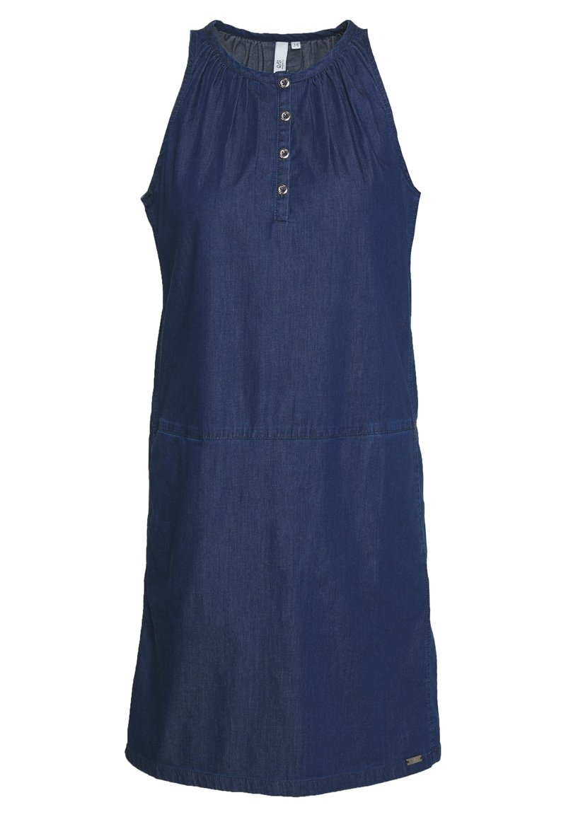 Denimové šaty bez rukávů v tmavě modré barvě s nařaseným výstřihem, knoflíkovou légou a rovný střih s délkou nad kolena.