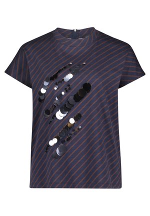 Marineblauw T-shirt met korte mouwen met dunne bruine diagonale strepen en clusters van glanzende zwarte en zilveren pailletten aan de voorkant.