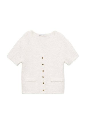 Witte korte mouw cardigan van gestructureerde stof, met een V-hals, voorzakken en gouden knopen in het midden.
