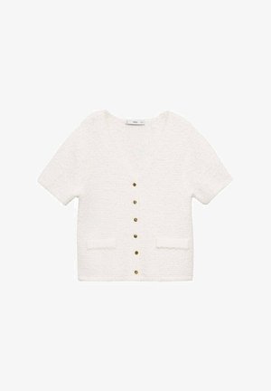 Witte korte mouw cardigan van gestructureerde stof, met een V-hals, voorzakken en gouden knopen in het midden.