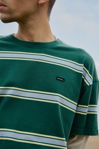 Green striped t-shirt with blue and yellow horizontal stripes, soft fabric, crew neckline, featuring a small black patch with text.