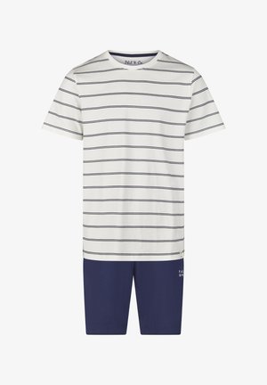 Paski krótki rękaw T-shirt w kolorze ecru z granatowymi poziomymi paskami, zestawiony z jednolitymi granatowymi szortami; materiał bawełniany, luźny krój.