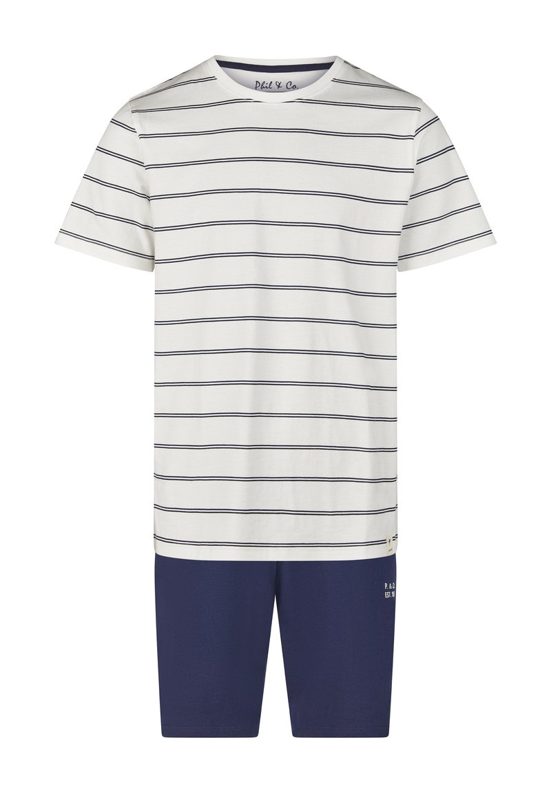 Gestreiftes Kurzarm-T-Shirt in Off-White mit marineblauen horizontalen Streifen, kombiniert mit einfarbigen marineblauen Shorts; aus Baumwolle, lockere Passform.