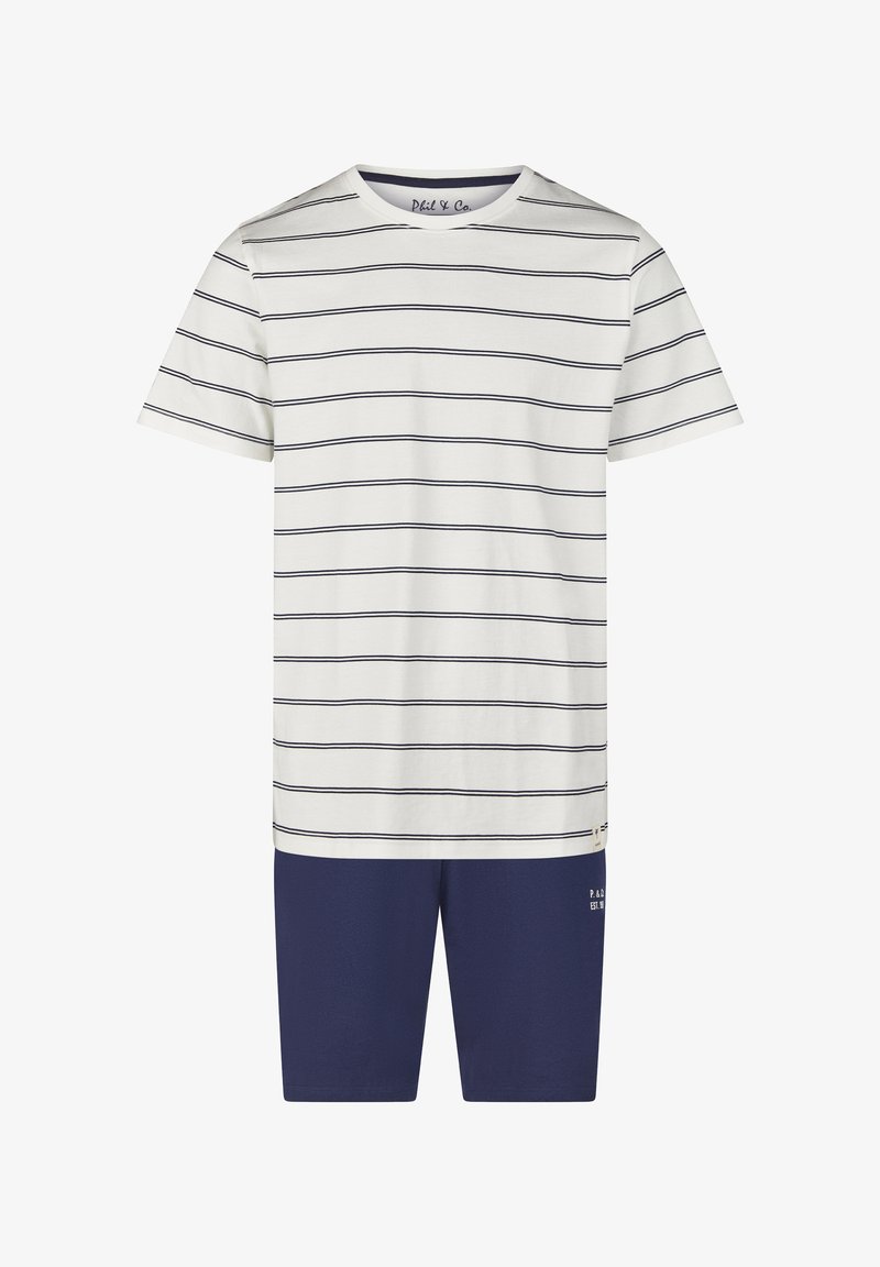 Raidallinen lyhythihainen T-paita off-white-värissä, jossa on tummansinisiä vaaka-juovia, yhdistettynä yksinkertaisiin tummansinisiin shortseihin; puuvillamateriaalia, rento istuvuus.