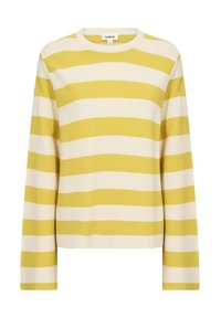 Pull à manches longues rayé jaune et crème, avec un col rond et un tissu texturé. Ourlet et poignets côtelés.