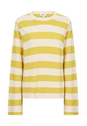 Maglione a maniche lunghe a strisce gialle e crema con scollatura rotonda e tessuto strutturato. Orlo e polsini a costine.
