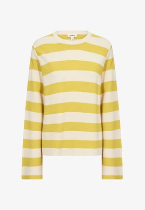 Geltonos ir grietinėlės spalvos dryžuotas megztinis ilgomis rankovėmis, su apvalia iškirpte ir tekstūruota medžiaga. Pinta apykaklė ir rankogaliai.