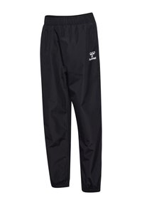 Czarne, lekkie spodnie sportowe z elastycznym pasem, zwężanymi nogawkami i białym logo na lewej biodrze. Gładka, wodoodporna tkanina.