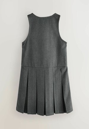 Grå ärmlös klänning med figursydd bodice och veckad kjol, tillverkad av ett texturerat tyg, med en slät finish och utan synlig hårdvara.