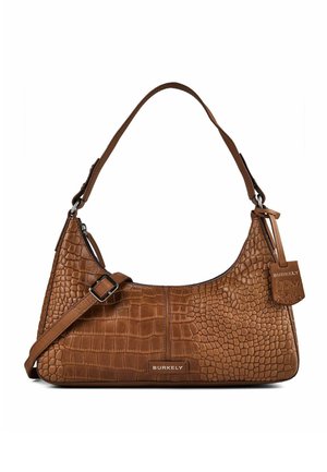 Braune Burkely-Handtasche mit Krokodilstruktur, Schulterriemen und angebrachtem Markenetikett.