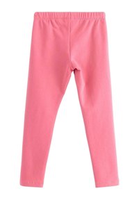 Lyserøde leggings lavet af bomuld med elastisk talje, der har en glat tekstur og slim-fit design. Ingen synlige mønstre eller accenter.