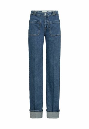 Modre široke jeans hlače z visokim pasom, kontrastnim šivanjem, dvema sprednjima žepoma in zvitimi robovi. Narejene so iz denima.
