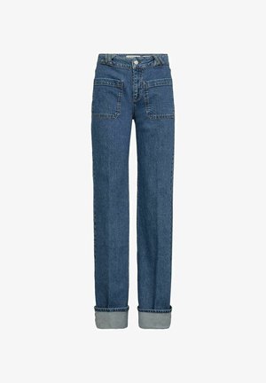 Jeans a gamba larga blu con vita alta, cuciture a contrasto, due tasche frontali e orli arrotolati. Realizzati in tessuto denim.