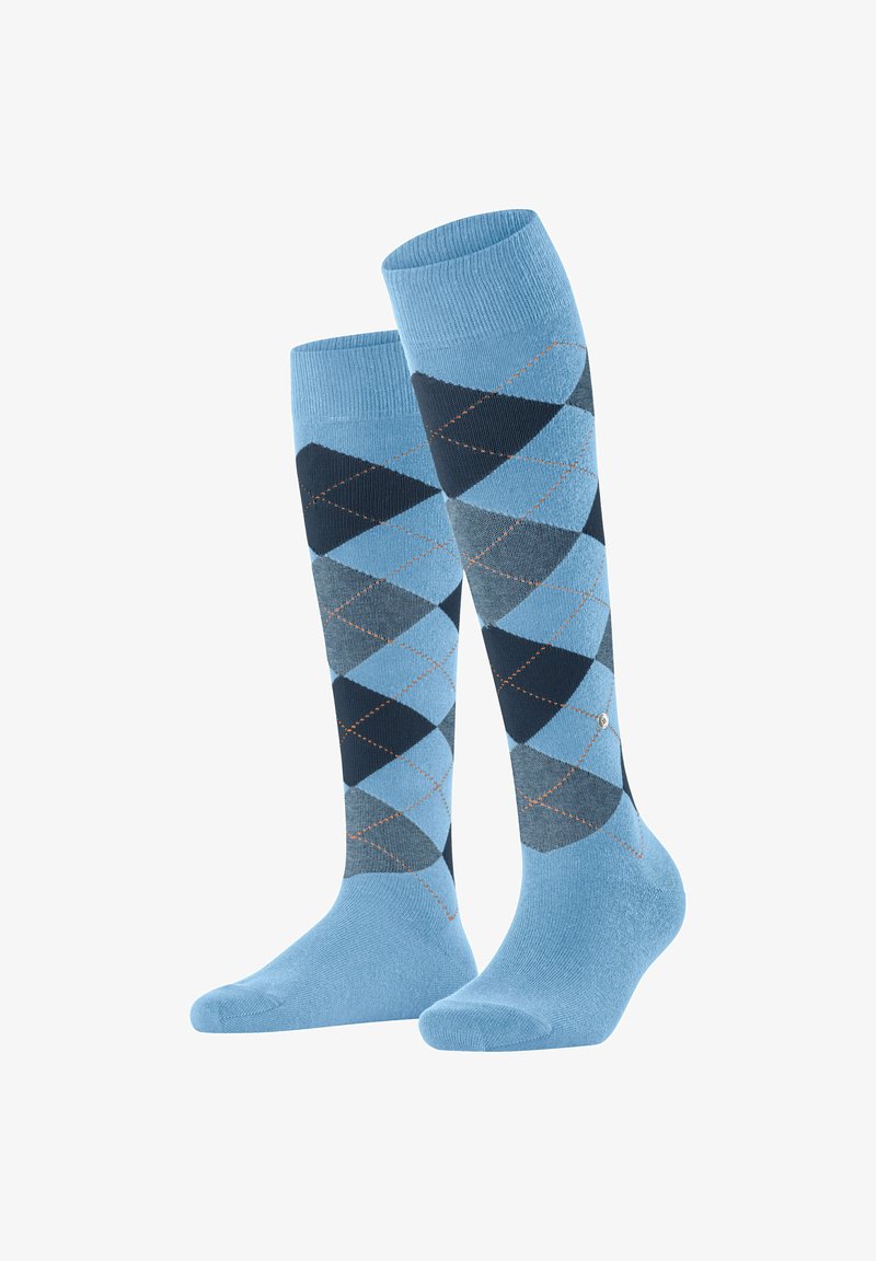 Calze al ginocchio con un motivo argyle blu, con diamanti blu navy e accenti azzurri. Realizzate in tessuto morbido con una texture liscia.