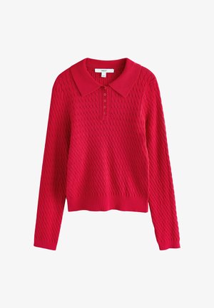 Roter, langärmliger Strickpullover mit strukturiertem Muster, Polokragen und Knopfleiste mit fünf Knöpfen.