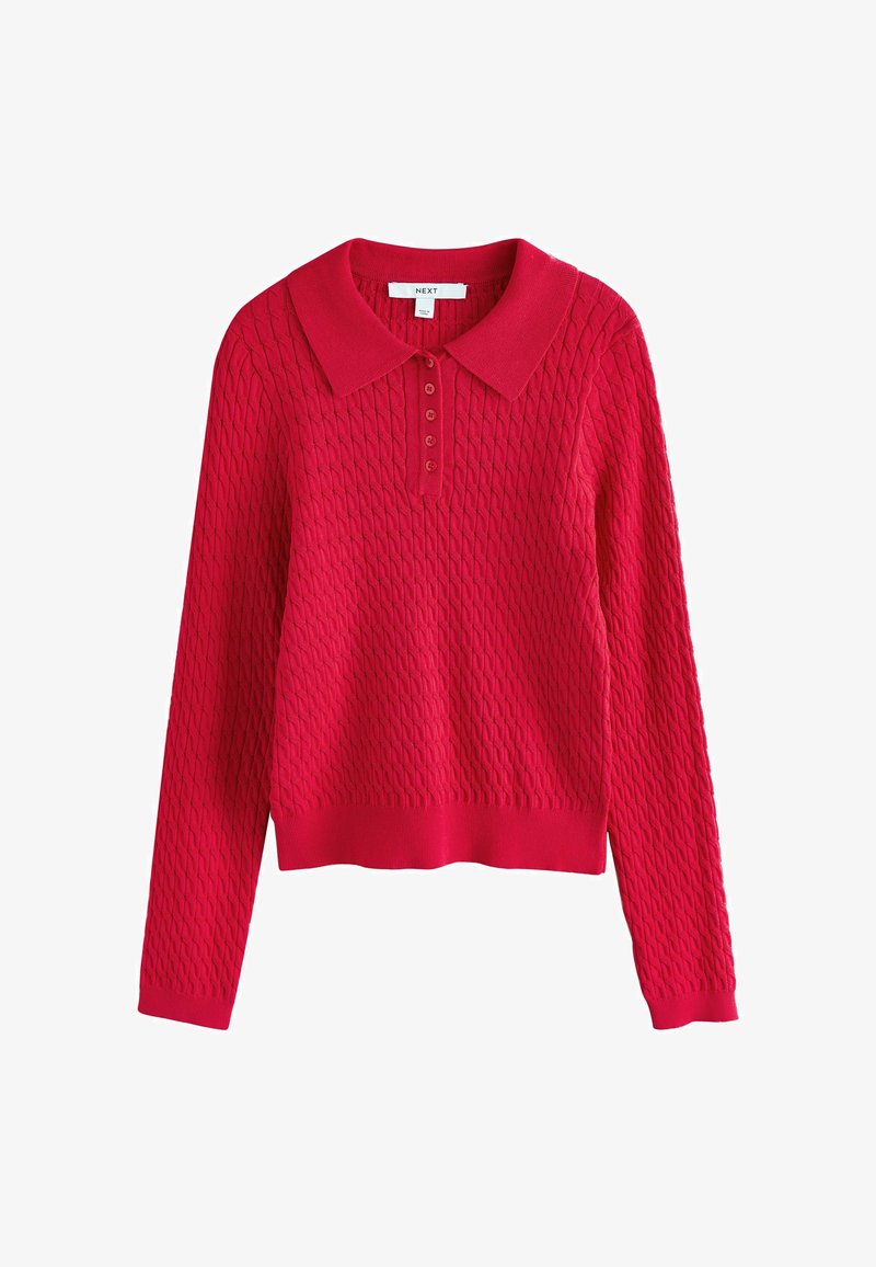 Czerwony, długi sweter z dzianiny z fakturowanym wzorem, kołnierzykiem polo i pięcioma guzikami na plisie.