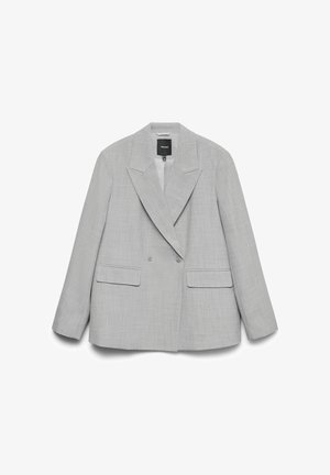 Blazer gris clair à double boutonnage avec larges revers et deux poches à rabat à l'avant, présenté sur un fond blanc.