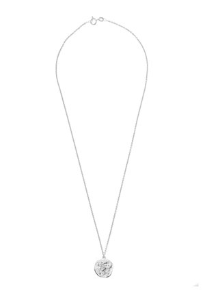 Silver necklace with a fine chain and a textured circular pendant featuring intricate floral designs. Adjustable clasp for length variation.