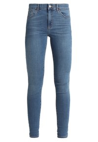 Blå denim skinny jeans med en slät yta, femfickorsdesign och traditionell knäppning. Har subtila blekningar och sömnadsdetaljer.