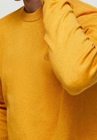 Gelber Strickpullover mit einem runden Ausschnitt und gerippten Bündchen. Fein strukturierte Oberfläche und ein kleines gesticktes Logo auf der Brust.