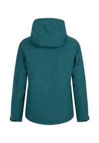Chaqueta impermeable teal con capucha adjunta, mangas largas y puños ajustables de velcro, mostrada desde la parte posterior sobre un fondo blanco.