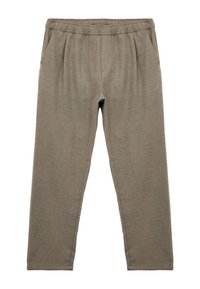 Bruna avsmalnande byxor med elastisk midja, sidofickor och ett mjukt, texturerat tyg. Lämpliga för avslappnad användning.