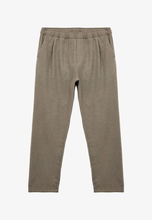 Bruine tapered broeken met een elastische tailleband, zijzakken en een zachte, gestructureerde stof. Geschikt voor casual kleding.