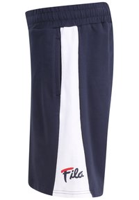 Shorts sportivi di colore blu navy con pannelli laterali bianchi, cintura elastica e logo Fila in rosso e blu navy. Presenta una tasca laterale.