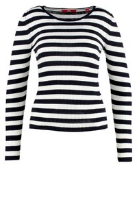 Gestreepte lange mouwen top in marineblauw en wit, geribbelde textuur, ronde halslijn en getailleerde pasvorm. Heeft consistente horizontale strepen.
