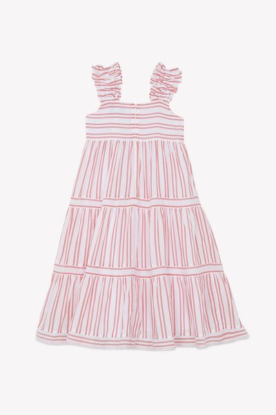 Αμάνικο φόρεμα με ριγέ σχέδιο σε ροζ και λευκό, διαθέτει μανίκια με πιέτες, σχεδίαση με στρώσεις και κλείσιμο με φερμουάρ στο πίσω μέρος. Ελαφρύ ύφασμα.