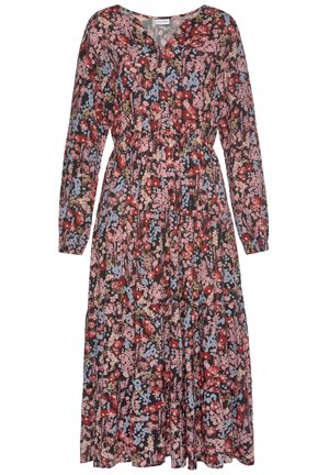 Sukienka z długim rękawem w kwiaty w kolorach czerwonym, różowym i niebieskim na ciemnym tle, z elastyczną talią, dekoltem w serek i suknią w kilku warstwach.