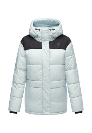 Light blue puffer jacket with a black yoke, featuring a hood, diagonal quilted design, front pockets, and elastic cuffs.