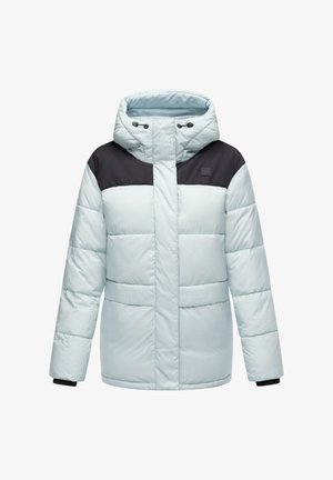 Light blue puffer jacket with a black yoke, featuring a hood, diagonal quilted design, front pockets, and elastic cuffs.
