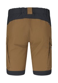 Brune og sorte cargoshorts med elastisk taljebånd og sidelommer med klap, vist bagfra.