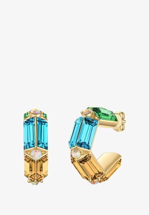 Gold hoop earrings featuring alternating rectangular stones in blue, green, and yellow with a faceted design and small accent stones.