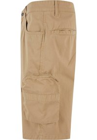 Shorts cargo beiges avec une poche zippée sur le côté, plusieurs coutures et une coupe droite. Fabriqués en tissu léger.