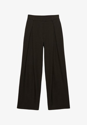Pantalon ample marron foncé, doté de plis à l'avant, d'une ceinture plate et d'un tissu à texture lisse.