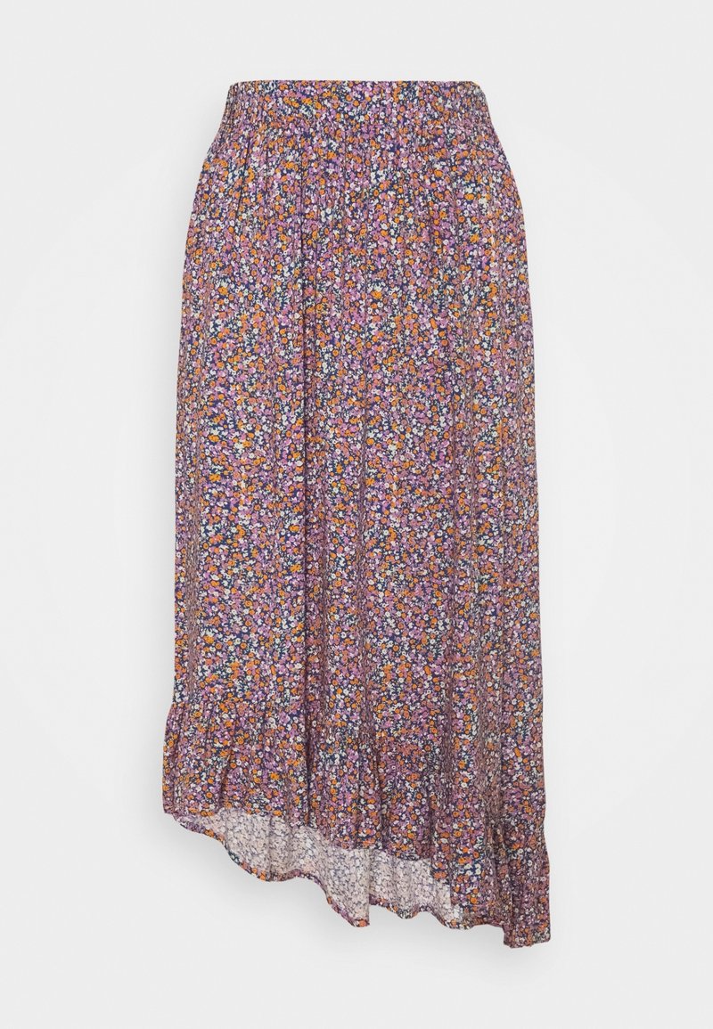 Jupe midi fleurie violette avec de petites fleurs orange, blanches et roses, taille élastique et ourlet asymétrique à volants.